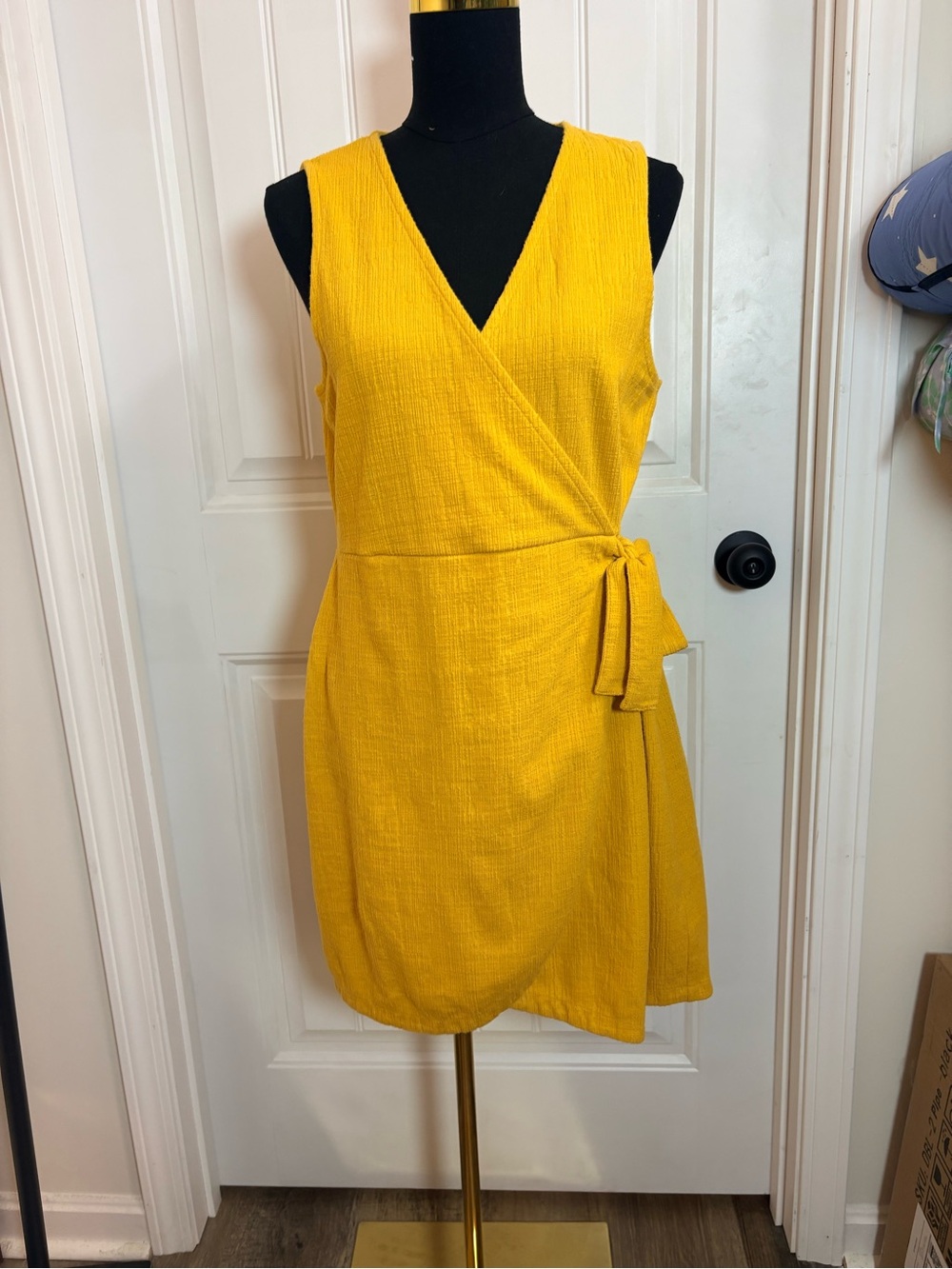 Madewell Crosshatch Side Tie Mini Dress L Mustard Gold Fall Boho Cottagecore